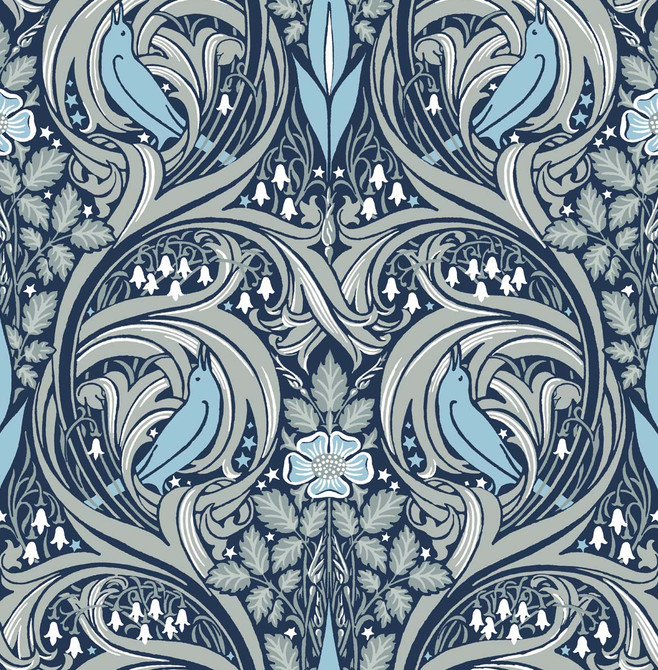 Bird Ogee Prepasted Navy & Sky Blue by Seabrook Wallpaper Prepasted Online United States 56.05 20.87" 20.5" - Fabric Carolina -