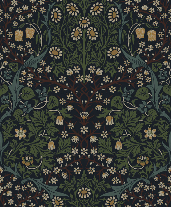 Victorian Floral Midnight Blue & Evergreen by Seabrook Wallpaper Etten Studios Online Netherlands 57.5 25.2" 20.9" - Fabric Carolina -