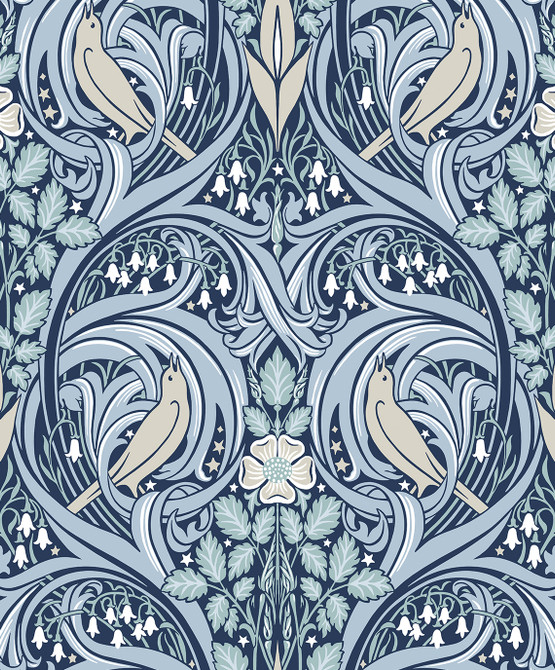 Bird Scroll Denim & Blue Mist by Seabrook Wallpaper Legacy Prints Netherlands 57.5 25.2" 20.9" - Fabric Carolina -