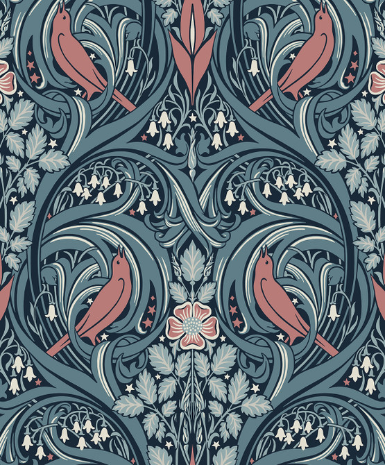 Bird Scroll Aegean Teal & Coral by Seabrook Wallpaper Legacy Prints Netherlands 57.5 25.2" 20.9" - Fabric Carolina -