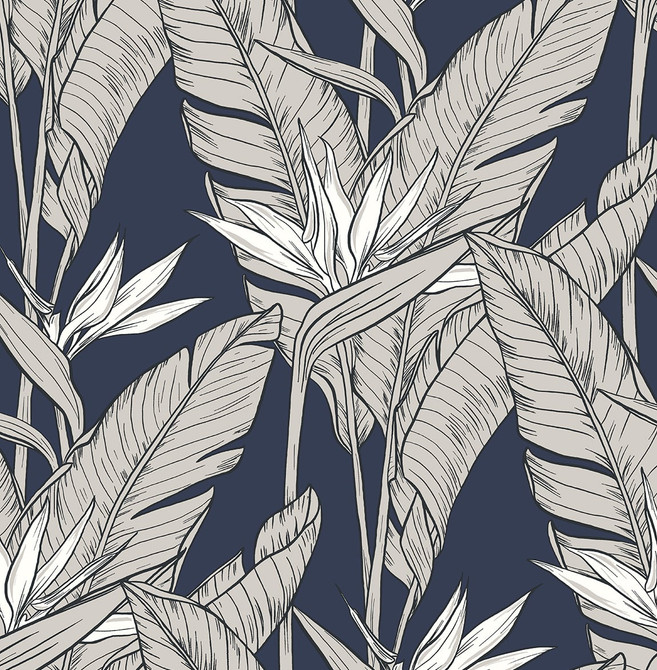 Birds of Paradise Navy Blue & Metallic Pewter by Seabrook Wallpaper Stacy Garcia Peel and Stick United States 30.75 20.87" 20.5" - Fabric Carolina -