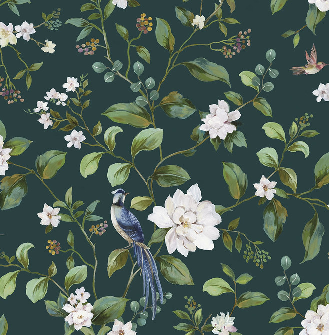 Chinoiserie Bird Vine Teal by Seabrook Wallpaper Daisy Bennett Peel and Stick United States 30.75 20.87" 20.5" - Fabric Carolina -