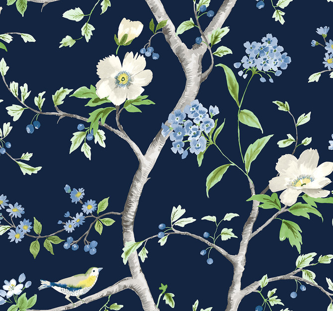 Floral Trail Navy Blue & Spring Green by Seabrook Wallpaper Lillian August Peel and Stick United States 40.5 25.2" 27" - Fabric Carolina -