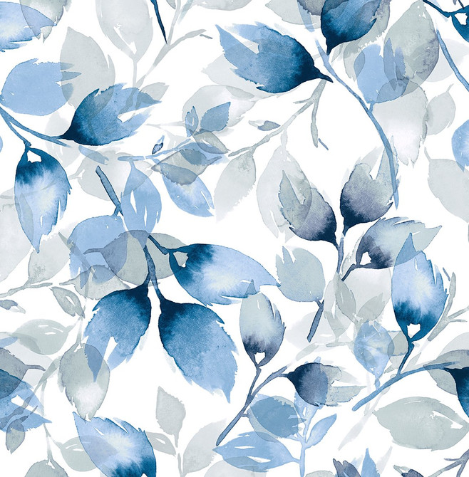 Watercolor Tossed Leaves Blue Lagoon by Seabrook Wallpaper Lillian August Peel and Stick United States 30.75 20.87" 20.5" - Fabric Carolina -