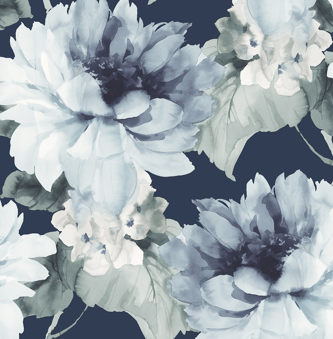 Watercolor Floral Navy Blue & Slate Green by Seabrook Wallpaper Harry & Grace Peel and Stick United States 30.75 20.87" 20.5" - Fabric Carolina -
