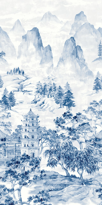Misty Mountain Scenic Mural Bluestone by Seabrook Wallpaper Harry & Grace Peel and Stick United States 40.5 108" 54" - Fabric Carolina -