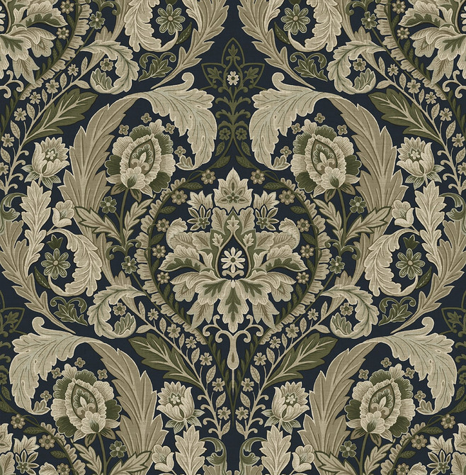 Thornton Vintage Damask Deep Sea by Seabrook Wallpaper Harry & Grace Peel and Stick United States 30.75 20.87" 20.5" - Fabric Carolina -