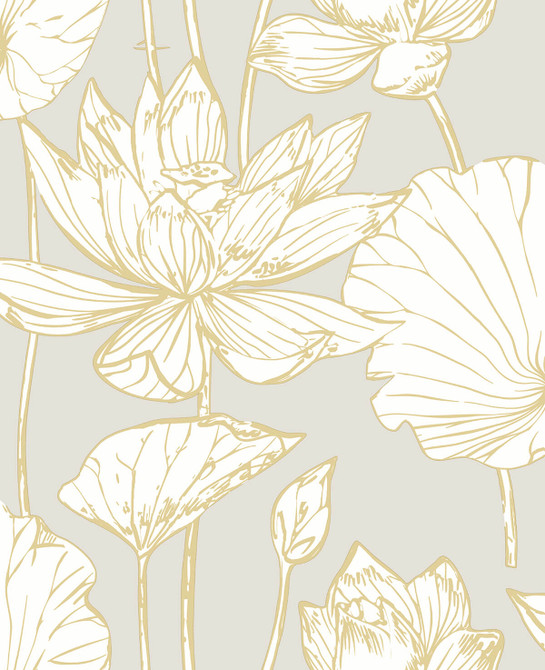Lotus Floral Metallic Gold & Gray by Seabrook Wallpaper NextWall Peel & Stick United States 30.75 25.2" 20.5" - Fabric Carolina -