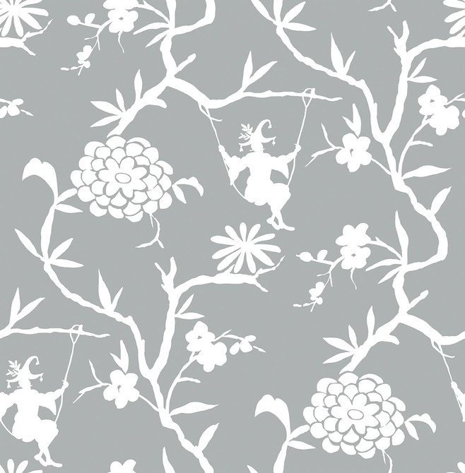 Chinoiserie Silhouette Metallic Silver by Seabrook Wallpaper NextWall Peel & Stick United States 30.75 20.87" 20.5" - Fabric Carolina -