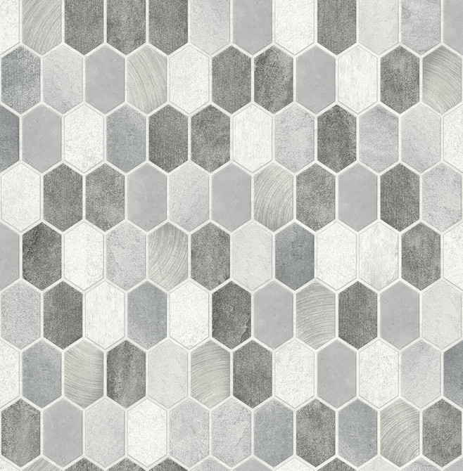 Brushed Hex Tile Icy Grey & Nickel by Seabrook Wallpaper NextWall Peel & Stick United States 30.75 20.87" 20.5" - Fabric Carolina -