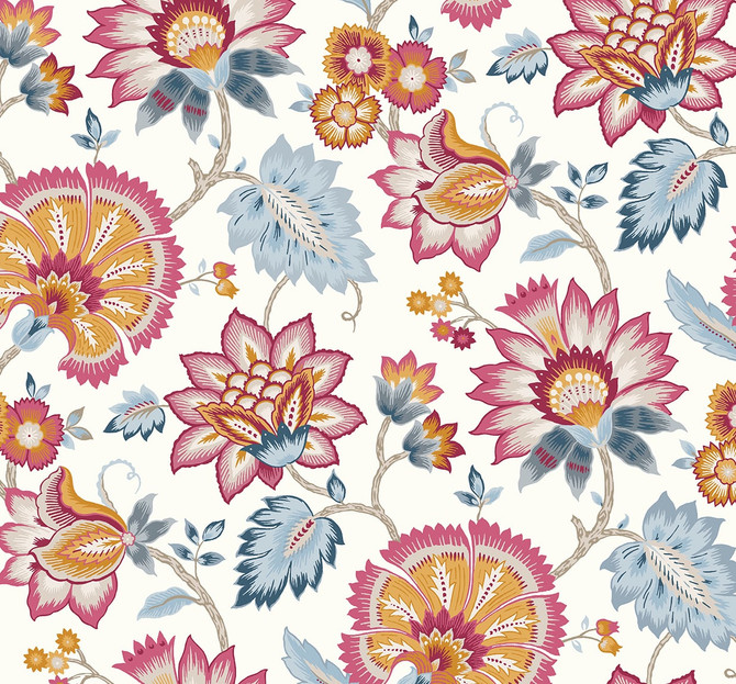 Jacobean Blossom Floral Fandango Pink & Bluebird by Seabrook Wallpaper NextWall Peel & Stick United States 40.5 25.2" 27" - Fabric Carolina -