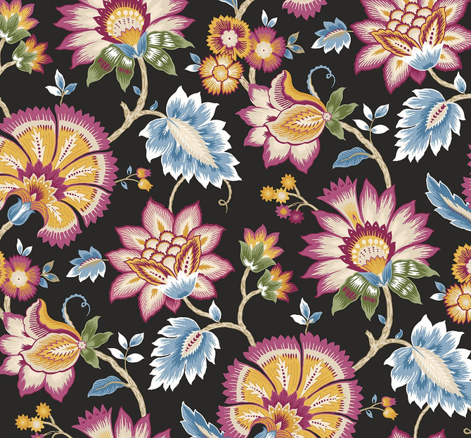 Jacobean Blossom Floral Cosmic Black by Seabrook Wallpaper NextWall Peel & Stick United States 40.5 25.2" 27" - Fabric Carolina -