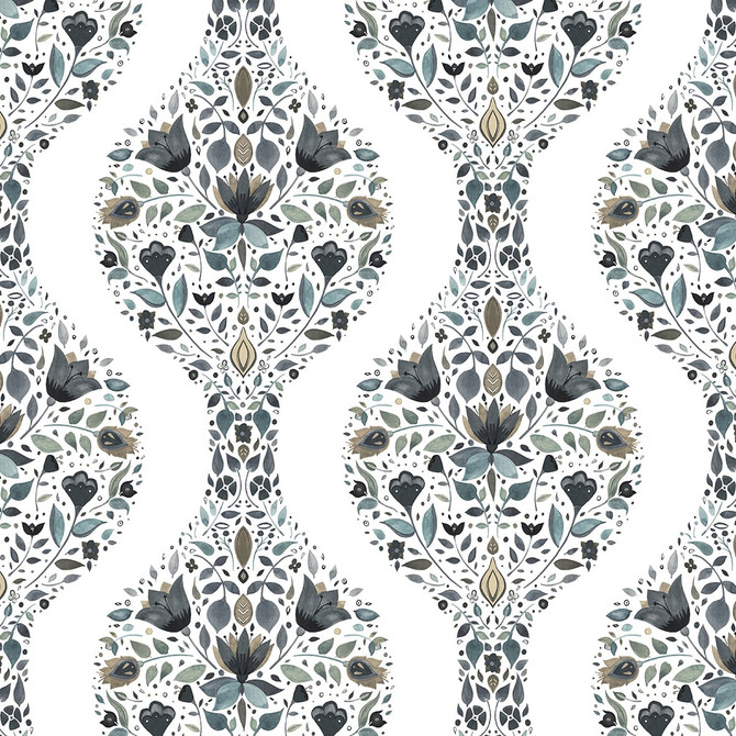 Floral Ogee Steel & Rustic Taupe by Seabrook Wallpaper NextWall Peel & Stick United States 30.75 6.3" 20.5" - Fabric Carolina -