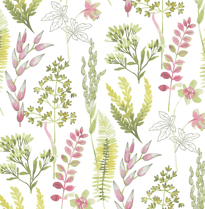 Wild Garden Lemongrass & Posy Pink by Seabrook Wallpaper NextWall Peel & Stick United States 30.75 20.87" 20.5" - Fabric Carolina -