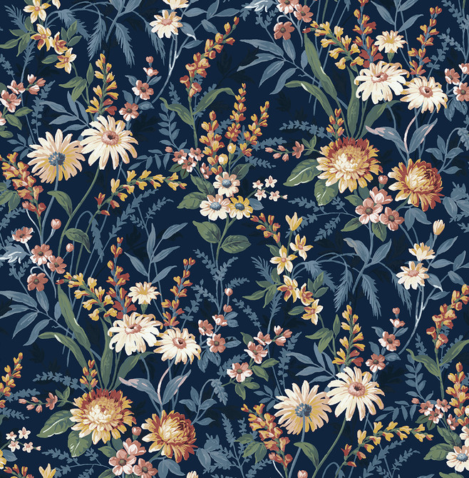 Vintage Floral Navy Blue by Seabrook Wallpaper NextWall Peel & Stick United States 30.75 20.87" 20.5" - Fabric Carolina -