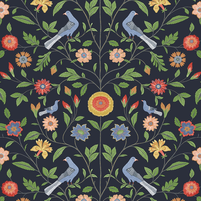 Bird Toile Midnight Blue by Seabrook Wallpaper NextWall Peel & Stick United States 30.75 6.98" 20.5" - Fabric Carolina -