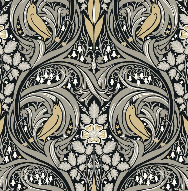 Bird Ogee Ebony & Sepia by Seabrook Wallpaper NextWall Peel & Stick United States 30.75 20.87" 20.5" - Fabric Carolina -