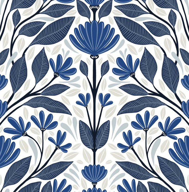 Folk Floral Blue Sapphire & Pavestone by Seabrook Wallpaper NextWall Peel & Stick United States 30.75 20.87" 20.5" - Fabric Carolina -