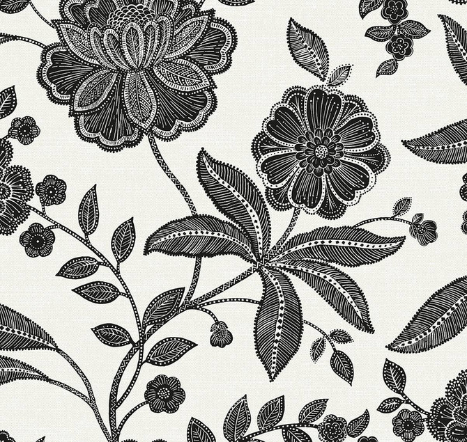 Julian Jacobean Floral Ebony & Ivory by Seabrook Wallpaper NextWall Peel & Stick United States 40.5 25.2" 27" - Fabric Carolina -