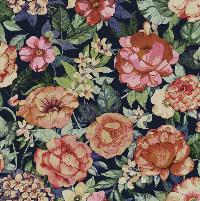 Watercolor Floral Garden Coral Rose & Dark Blue by Seabrook Wallpaper NextWall Peel & Stick United States 30.75 20.87" 20.5" - Fabric Carolina -