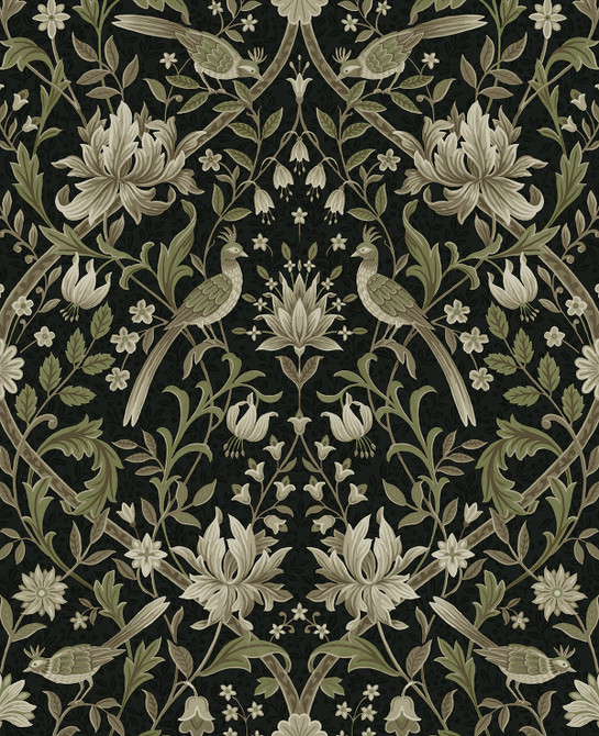 Vintage Bird Ogee Ebony & Rosemary by Seabrook Wallpaper NextWall Peel & Stick United States 15.38 25.2" 20.5" - Fabric Carolina -