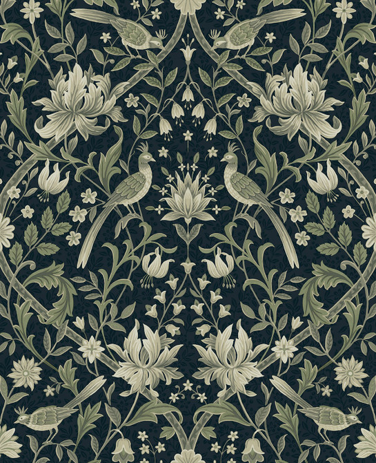 Vintage Bird Ogee Blue & Sage by Seabrook Wallpaper NextWall Peel & Stick United States 30.75 25.2" 20.5" - Fabric Carolina -