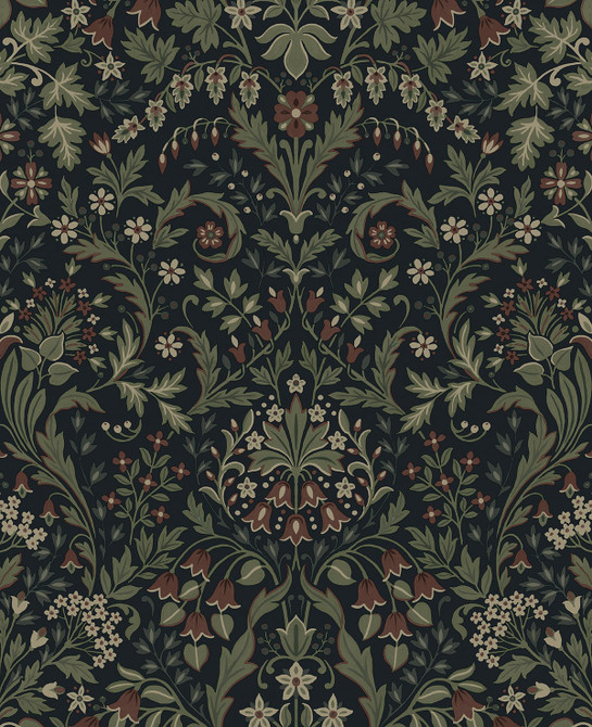 Filigree Floral Midnight Blue & Sage by Seabrook Wallpaper NextWall Peel & Stick United States 30.75 25.2" 20.5" - Fabric Carolina -