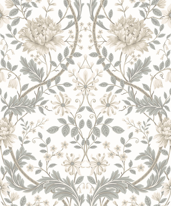 Honeysuckle Floral Prepasted Ivory & Grey by Seabrook Wallpaper Etten Prepasted Wallcoverings Netherlands 57 25.2" 20.9" - Fabric Carolina -