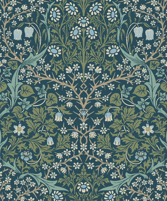 Victorian Garden Floral Prepasted Prussian Blue & Moss Green by Seabrook Wallpaper Etten Prepasted Wallcoverings Netherlands 57 25.2" 20.9" - Fabric Carolina -