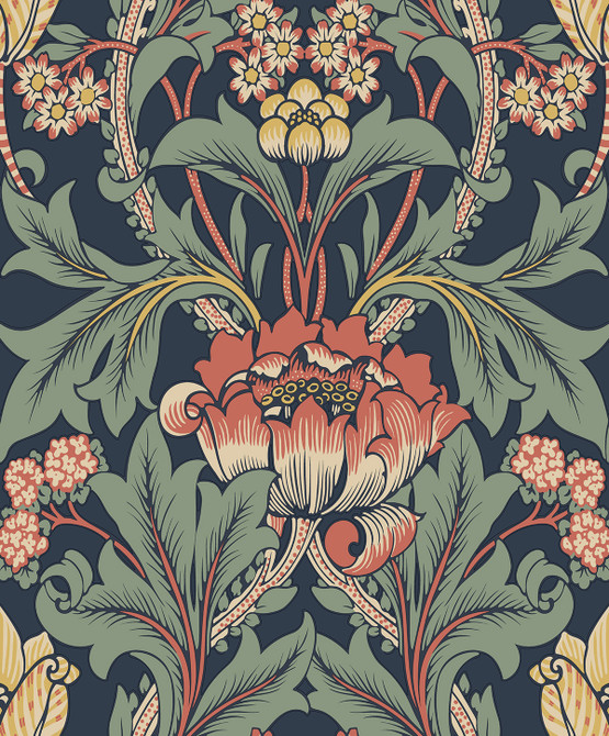 Primrose Garden Floral Prepasted Denim Blue & Auburn by Seabrook Wallpaper Etten Prepasted Wallcoverings Netherlands 57 25.2" 20.9" - Fabric Carolina -
