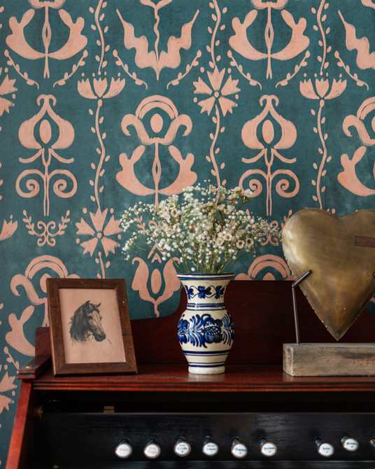 GRANDMA'S STENCIL Milky Blue Wallpaper (WP30276) by Mind The Gap | WP30276 | TRANSYLVANIAN RHAPSODY | 1 roll x 52 x 1000 cm / 20.5 x 393.7in | 0.52m / 20.5in | 10m / 393.7in | 5.20sqm / 55.9sq ft | L70xm / L27.5in | Taupe, Blue | Non-woven Satin | Paste the wall | 1 roll in a box | Fabric Carolina | https://www.fabriccarolina.com/