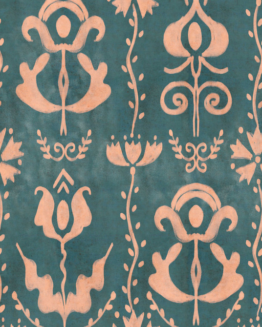 GRANDMA'S STENCIL Milky Blue Wallpaper (WP30276) by Mind The Gap | WP30276 | TRANSYLVANIAN RHAPSODY | 1 roll x 52 x 1000 cm / 20.5 x 393.7in | 0.52m / 20.5in | 10m / 393.7in | 5.20sqm / 55.9sq ft | L70xm / L27.5in | Taupe, Blue | Non-woven Satin | Paste the wall | 1 roll in a box | Fabric Carolina | https://www.fabriccarolina.com/