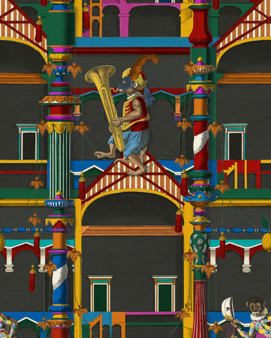 EL CIRCO Dark Wallpaper (WP20836) by Mind The Gap | WP20836 | LA DOLCE VITA | 1 roll x 52x900 cm / 20.47x354.33in | 0.52m / 20.5in | 9m / 354in | 4.68sqm / 50sq ft | 150cm / 59in | Blue, White, Green, Yellow, Pink, Orange, Red, Turquoise, Charcoal | Non-woven Textured | Paste the wall | 1-roll in a box | Fabric Carolina | https://www.fabriccarolina.com/
