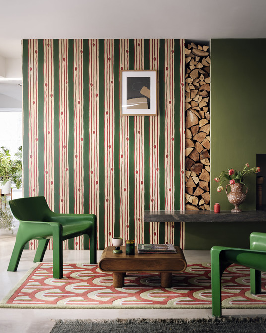 MINUANO Green Wallpaper (WP30237) by Mind The Gap | WP30237 | JAZZ LIVE | 1 roll x 52 x 1000 cm / 20.5 x 393.7in | 0.52m / 20.5in | 1000 cm / 393.7in | 5.20sqm / 55.9sq ft | 100cm / 39.3in | Green, Beige, Red | Non-woven Satin | Paste the wall | 1 roll in a box | Fabric Carolina | https://www.fabriccarolina.com/