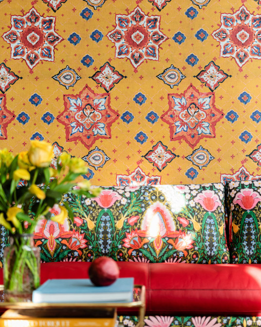 ARABIAN DECORATIVE Wallpaper (WP20742) by Mind The Gap | WP20742 | TALES OF MAGHREB | 1 roll x 52x900 cm / 20.47x354.33in | 0.52m / 20.5in | 9m / 354in | 4.68sqm / 50sq ft | 81.1cm / 31.93in | Blue, Orange, Red, Ochre | Non-woven Textured | Paste the wall | 1-roll in a box | Fabric Carolina | https://www.fabriccarolina.com/