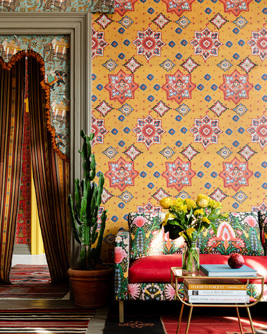 ARABIAN DECORATIVE Wallpaper (WP20742) by Mind The Gap | WP20742 | TALES OF MAGHREB | 1 roll x 52x900 cm / 20.47x354.33in | 0.52m / 20.5in | 9m / 354in | 4.68sqm / 50sq ft | 81.1cm / 31.93in | Blue, Orange, Red, Ochre | Non-woven Textured | Paste the wall | 1-roll in a box | Fabric Carolina | https://www.fabriccarolina.com/