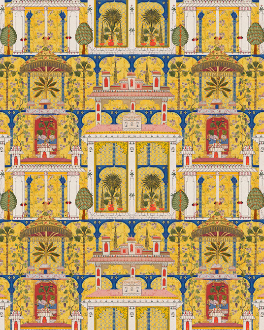 MAJORELLE GARDEN Wallpaper (WP20749) by Mind The Gap | WP20749 | TALES OF MAGHREB | 3 rolls x 52x300 cm / 20.5x118.1 in | 0.52m / 20.5in | 3m / 118in | 4.68sqm / 50sq ft | 150cm / 59in | Blue, Green, Yellow, Pink, Orange, Red, Ivory | Non-woven Textured | Paste the wall | 3-rolls in a box | Fabric Carolina | https://www.fabriccarolina.com/