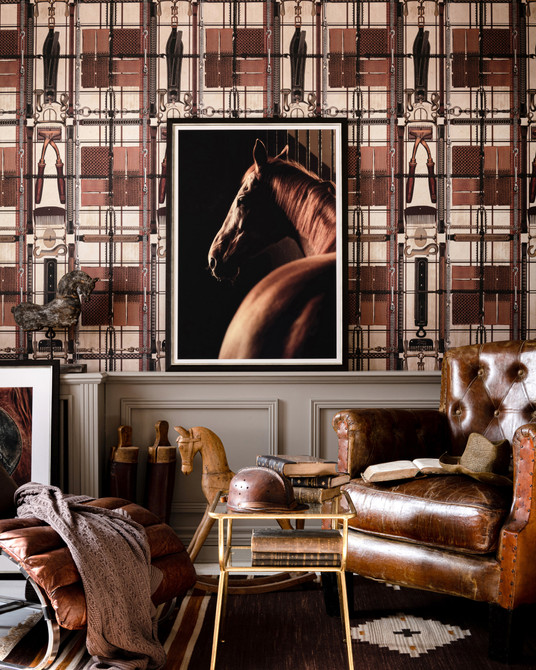 HARNESSMAKER'S ATELIER Dark Wallpaper (WP20641) by Mind The Gap | WP20641 | THE DERBY | 3 rolls x 52x300 cm / 20.5x118.1 in | 0.52m / 20.5in | 3m / 118in | 4.65sqm / 50sq ft | 150cm / 59in | Grey, Brown, Indigo | Non-woven Satin | Paste the wall | 3-rolls in a box | Fabric Carolina | https://www.fabriccarolina.com/
