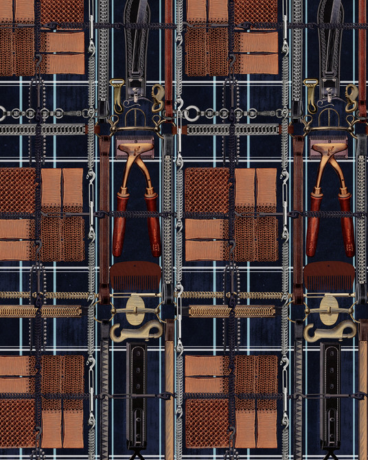 HARNESSMAKER'S ATELIER Dark Wallpaper (WP20641) by Mind The Gap | WP20641 | THE DERBY | 3 rolls x 52x300 cm / 20.5x118.1 in | 0.52m / 20.5in | 3m / 118in | 4.65sqm / 50sq ft | 150cm / 59in | Grey, Brown, Indigo | Non-woven Satin | Paste the wall | 3-rolls in a box | Fabric Carolina | https://www.fabriccarolina.com/