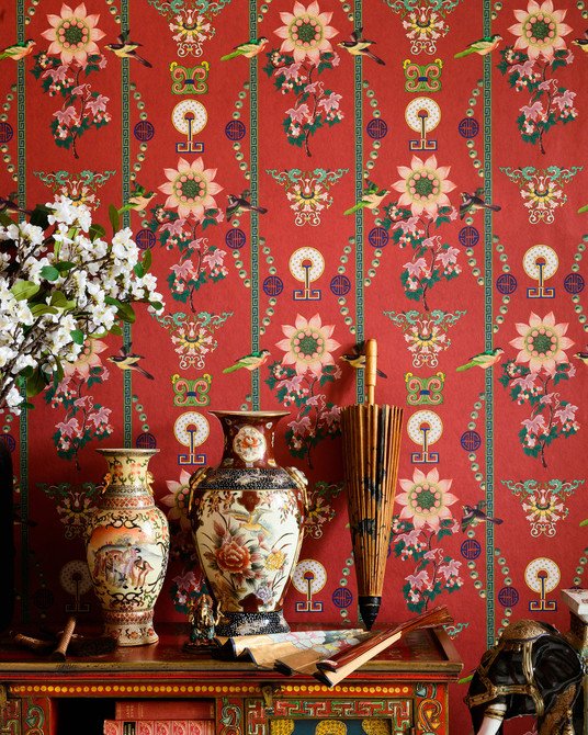 LIN YUAN Chinese Red Wallpaper (WP20587) by Mind The Gap | WP20587 | CHINESE GARDEN | 3 rolls x 52x300 cm / 20.5x118.1 in | 0.52m / 20.5in | 3m / 118in | 4.65sqm / 50sq ft | 70cm / 27.6in | Green, Yellow, Pink, Red | Non-woven Satin | Paste the wall | 3-rolls in a box | Fabric Carolina | https://www.fabriccarolina.com/
