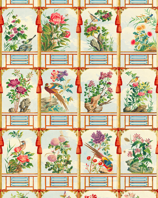 FLOWERING WALL Wallpaper (WP20585) by Mind The Gap | WP20585 | CHINESE GARDEN | 3 rolls x 52x300 cm / 20.5x118.1 in | 0.52m / 20.5in | 3m / 118in | 4.65sqm / 50sq ft | 300cm / 118in | Taupe, Blue, Green, Red | Non-woven Satin | Paste the wall | 3-rolls in a box | Fabric Carolina | https://www.fabriccarolina.com/
