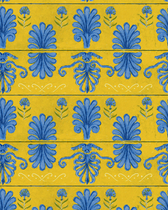 MYKONOS VILLA MOTIF Lemon Wallpaper (WP30044) by Mind The Gap | WP30044 | SUNDANCE VILLA | 1 roll x 52x1000 cm / 20.5x393.7 in | 0.52m / 20.5in | 10m / 393.7in | 5.20sqm / 55.9sq ft | 56.5cm / 22.2in | Blue, Yellow | Non-woven Satin | Paste the wall | 1-roll in a box | Fabric Carolina | https://www.fabriccarolina.com/