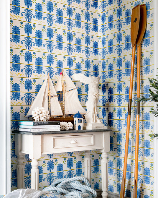 MYKONOS VILLA MOTIF Lemon Wallpaper (WP30044) by Mind The Gap | WP30044 | SUNDANCE VILLA | 1 roll x 52x1000 cm / 20.5x393.7 in | 0.52m / 20.5in | 10m / 393.7in | 5.20sqm / 55.9sq ft | 56.5cm / 22.2in | Blue, Yellow | Non-woven Satin | Paste the wall | 1-roll in a box | Fabric Carolina | https://www.fabriccarolina.com/