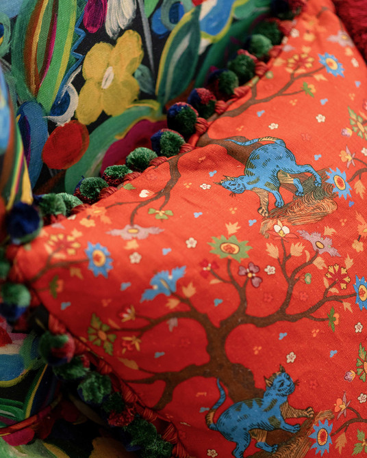 TREE OF LIFE Coral Linen (FB00180) by Mind The Gap | FB00180 | TRANSYLVANIAN RHAPSODY | Blue, Red, Brown | Meter | 140(±5%)x100 | (W)32.5 x (L)34.5cm / (W)12.7 x (L)13.5 in | Stonewashed | 100% Linen | Fabric Carolina | https://www.fabriccarolina.com/