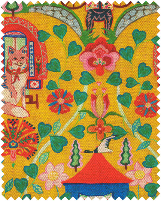 GYPSY FAIRYTALE Lemon Linen (FB00181) by Mind The Gap | FB00181 | TRANSYLVANIAN RHAPSODY | Blue, Green, Yellow, Red, Soft Pink | Meter | 140(±5%)x100 | (W)34 x (L)47.5cm / (W)13.3 x (L)18.7 in | Stonewashed | 100% Linen | Fabric Carolina | https://www.fabriccarolina.com/