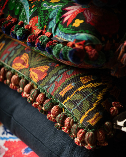 SERENADE cushion (LC40277) by Mind The Gap | LC40277 | TRANSYLVANIAN RHAPSODY | 50 x 50 cm / 20 x 20 in | Black, Green, Yellow, Red | Fringes all around | Duck feather | 27% Acrylic, 37% Cotton, Other Fibers | Fabric Carolina | https://www.fabriccarolina.com/