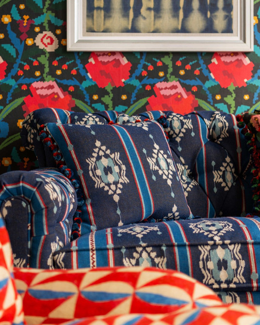 KING'S IKAT cushion (LC40283) by Mind The Gap | LC40283 | TRANSYLVANIAN RHAPSODY | 50 x 50 cm / 20 x 20 in | Blue, White, Red | Fringes all around | Duck feather | 27% Acrylic, 37% Cotton, Other Fibers | Fabric Carolina | https://www.fabriccarolina.com/