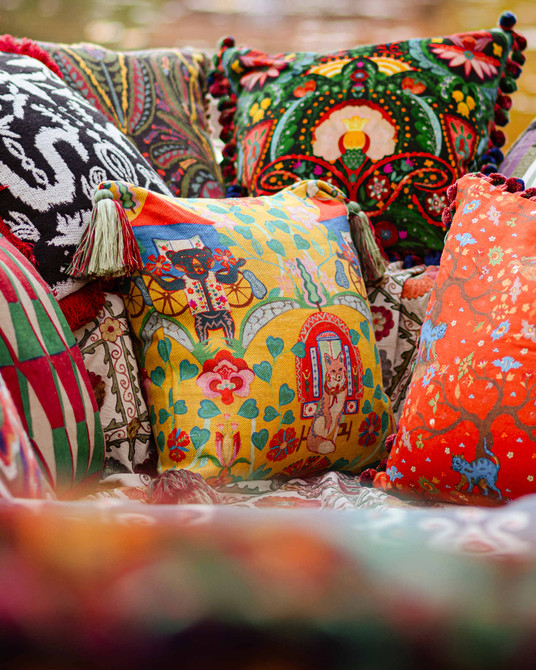 GYPSY FAIRYTALE Lemon cushion (LC40286) by Mind The Gap | LC40286 | TRANSYLVANIAN RHAPSODY | 50 x 50 cm / 20 x 20 in | Blue, Green, Yellow, Red | Tasseled corners | Duck feather | 100% Linen | Fabric Carolina | https://www.fabriccarolina.com/