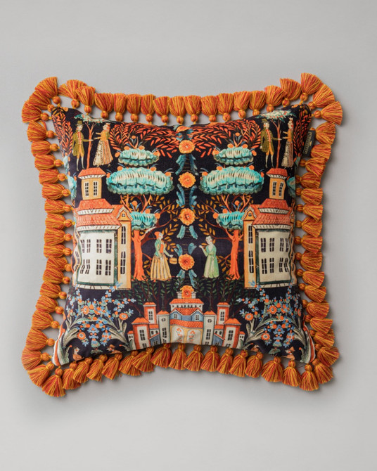 TALES OF TYROL Peat Black Velvet Cushion (LC40194) by Mind The Gap | LC40194 | TYROL APRES-SKI | 50 x 50 cm | Black, Blue, Yellow, Grey, Orange | Fringes all around | Duck feather | 100% Cotton velvet | Fabric Carolina | https://www.fabriccarolina.com/