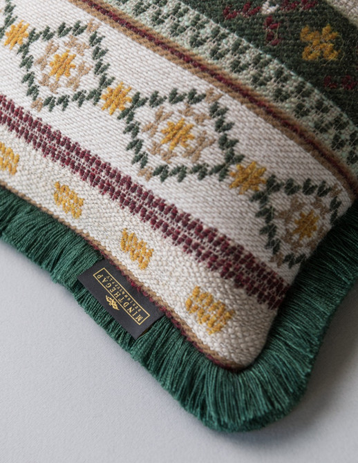 GAISSTEIN Cushion - Rectangular (LC40196) by Mind The Gap | LC40196 | TYROL APRES-SKI | 50 x 30 cm | Taupe, Light Green, Dark Green | Fringes all around | Duck feather | 40% Cotton, 27% Polyacrylic, 20% Wool, 13% Other Fibers | Fabric Carolina | https://www.fabriccarolina.com/